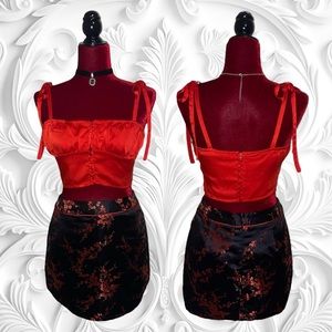 ❤️‍🔥🖤Red & Black Satin Floral Mini Skirt🖤❤️‍🔥